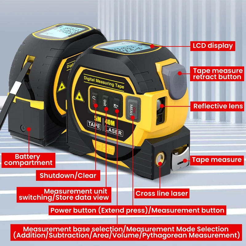 1pc Laser Tape Measure 3 In 1 Digital Tape Measure with High Precision